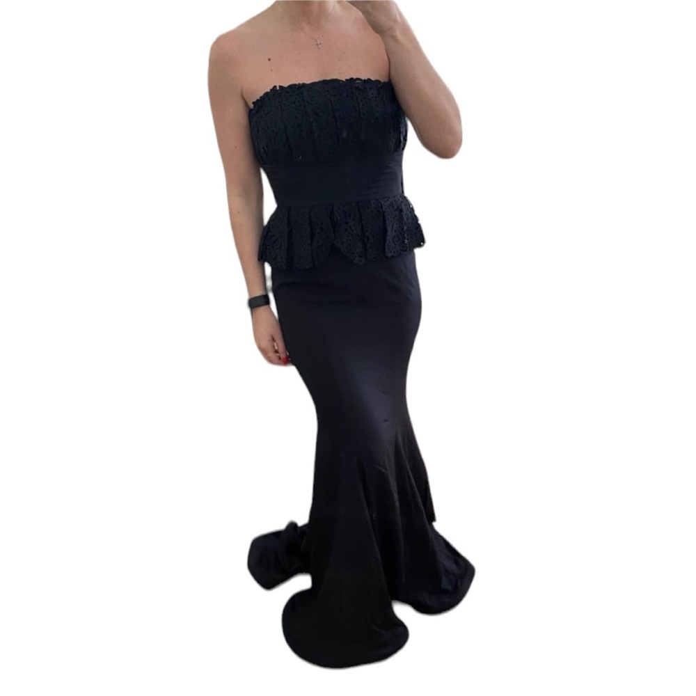 Jovani Black Strapless Peplum Lace Maxi Gown